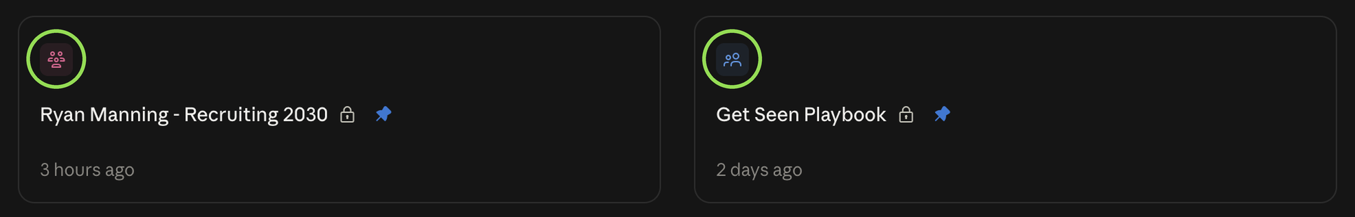 Two projects in the Claude project list, each with a small colored icon above its name, circled in green.